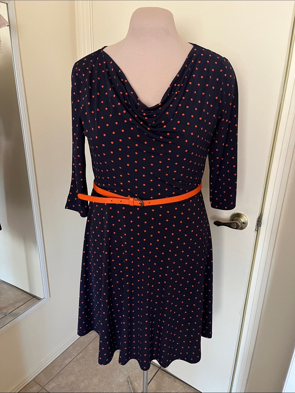 Navy & Orange Polka Dot Drape Neck Dress w/belt